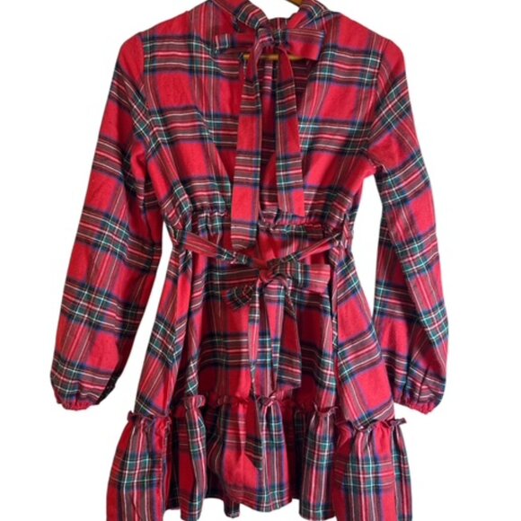 CUPSHE Red Plaid Fall Dress for Women Stand Collar Long Sleeve Back Tie Cutout S - Picture 1 of 11